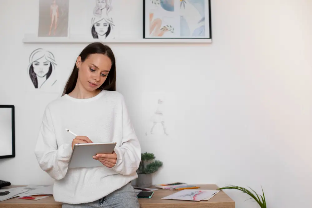 Diseñadora mostrando su portafolio en una tablet.